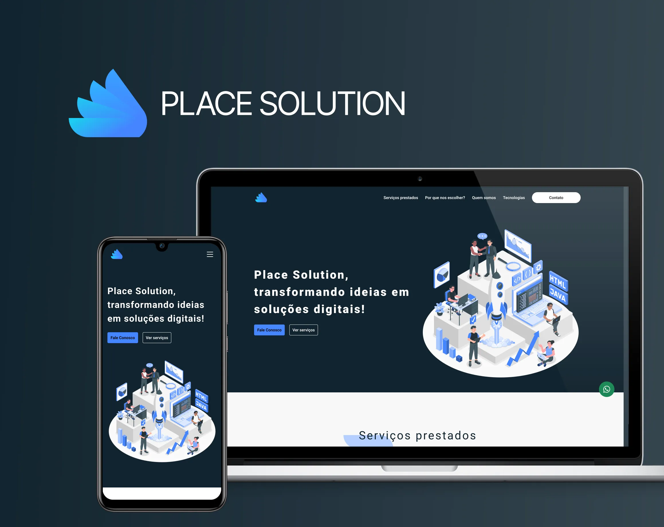 Design da landing page da startup Place Solution, focada em soluções inovadoras, com layout limpo e visual contemporâneo.